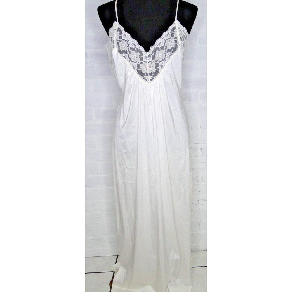 Vintage Lorraine Maxi Sleeveless Nightgown Satin Off White Lace Sz M Women's USA